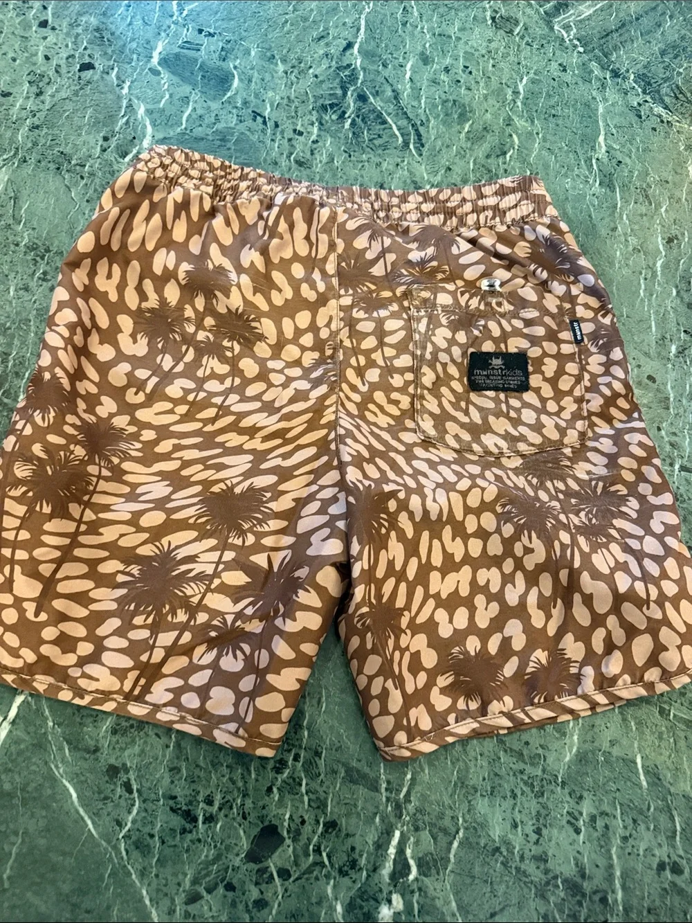 🤎 Munster Brown and Tan Palm Print Kids (12) Swim Trunks (needs sewing love) 🤎